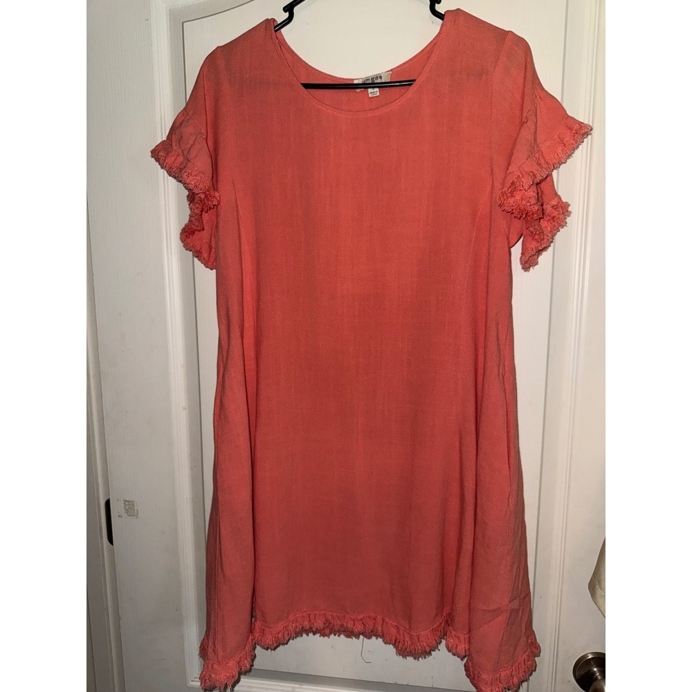 Umgee USA Coral Linen Blend Fringe Trim Shift Dress Pockets C1963 NWT Womens S